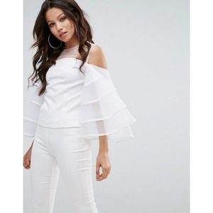 PrettyLittleThing White Organza Frill Sleeve Mesh Insert Blouse